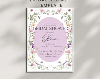 以下が含まれることがあります： フローラルリースデザインのブライダルシャワー招待状テンプレート。「BRIDAL SHOWER」と「Olivia」の文字がエレガントな筆記体で書かれています。日付と時間も含まれています。デザインはソフトパステルカラーです。