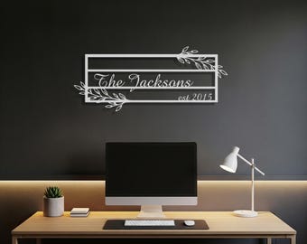 Personalized Family Name Metal Wall Art with Floral Branch Design, Custom Surname Sign with Established Date, Modern Horizontal Metal Decor