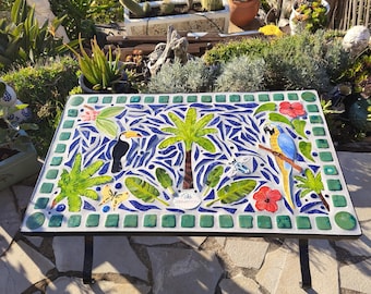 Handmade "TROPICAL" mosaic table / black wrought iron / 78x47 cm
