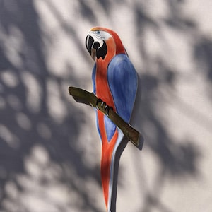 Peut inclure: Figurine de perroquet en céramique perché sur une branche marron. Le perroquet a une tête rouge, des ailes bleues et une longue queue rouge. Le bec de l'oiseau est noir et il a un visage blanc avec un œil bleu. Fond gris clair.