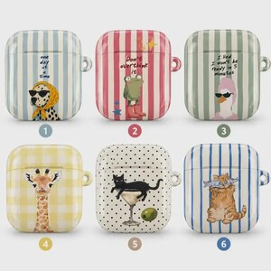 May include: Six protective cases for wireless earbuds, each featuring unique illustrations: a dog with sunglasses, a frog with text, a duck with text, a giraffe, a cat with a martini glass, and a cat holding a fish, all numbered one through six.