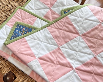 Hand Quilted Baby Girl Quilt: Pink & White Checkerboard, Bunny Print