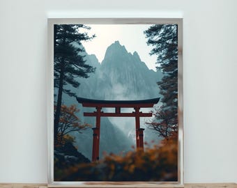 Stampa del cancello torii giapponese, paesaggio zen di montagna (download digitale)