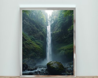 Forest Waterfall Print, Lush Green Nature Wall Art, Misty Cliff Waterfall (Digital Download)