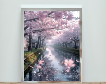 Cherry Blossom Canal Print, Japanese Sakura Wall Art, Spring Zen Landscape (Digital Download)