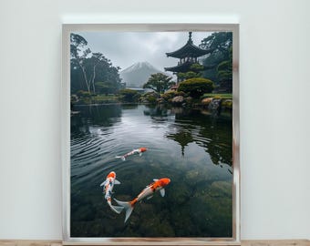 Lámina artística de un estanque japonés de koi, jardín zen, monte Fuji (descarga digital)