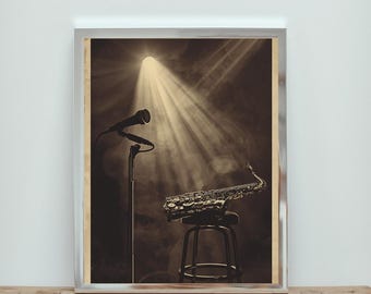 Vintage Jazz Saxophone Poster, Moody Jazz Club Wall Art, Classic Music Print (Digital Download)