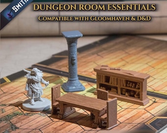 Paquete de archivos STL de la Sala de Mazmorras: mesa, estantería y columna para DnD y Gloomhaven