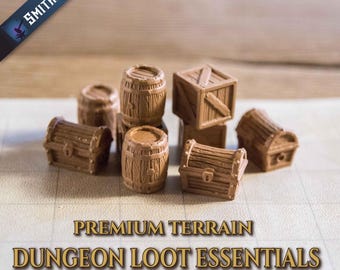 Terreno de resina para miniaturas de DnD: tesoros, cajas y barriles para juegos de rol de mesa de 28 mm