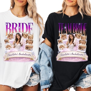 Puede incluir: Dos camisetas, una blanca y otra negra, con diseños para una despedida de soltera. La camiseta blanca dice "BRIDE" en morado y naranja, la camiseta negra dice "TEAM BRIDE". Ambas incluyen un collage de fotos y el texto "Charlotte's Bachelorette".