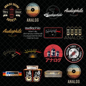 Peut inclure: Plusieurs logos et illustrations de style vintage liés à l'équipement audio et au son analogique. Les motifs comportent des textes tels que "Analog Sound Society", "Audiophile" et "Vacuum Tubes". La palette de couleurs comprend le rouge, l'orange et le noir.