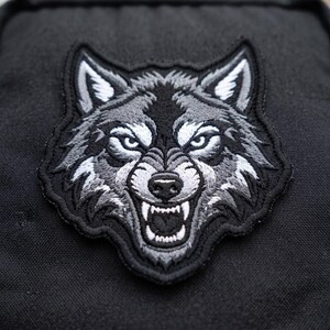 May include: An embroidered patch featuring a snarling wolf head in shades of black, gray, and white. The wolf has pointed ears, bared teeth, and intense eyes, with a thick black border stitched onto a solid black fabric background.