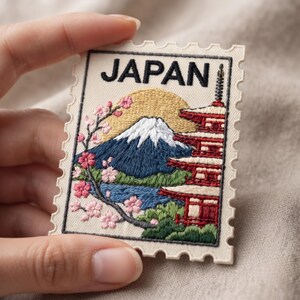 May include: A rectangular embroidered patch shaped like a postage stamp featuring the word JAPAN in black text. The design depicts a snow-capped mountain, a red multi-tiered pagoda, a golden sun, and a branch with pink cherry blossoms.