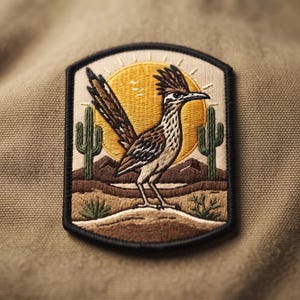 May include: A rectangular embroidered patch with a black border featuring a roadrunner standing in a desert landscape. The scene includes a large yellow sun, two green saguaro cacti, brown mountains, and sandy ground, all rendered in detailed thread work.