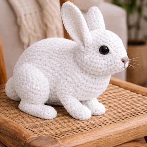 May include: A handmade, white crochet bunny rabbit figurine. The bunny has large, dark eyes, long ears, and a small, tan nose. It is sitting on a brown wicker chair. The bunny is a soft, plush toy.