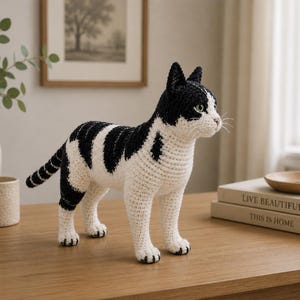 Könnte beinhalten: Eine handgefertigte Häkelkatzenfigur mit einem schwarz-weißen Farbmuster. Die Katze ist in stehender Position dargestellt, mit spitzen Ohren, grünen Augen und einem detailliert gestickten Gesicht. Die Garnstruktur ist am ganzen Körper sichtbar.