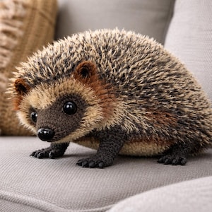 Pode incluir: Um brinquedo de ouriço-cacheiro feito à mão com fios castanhos, bege e pretos. O ouriço de pelúcia tem olhos escuros e um nariz preto. Está colocado num sofá cinzento, perto de uma almofada bege com franjas.