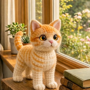 Pode incluir: Figura de gato de crochê feita à mão em cores laranja e creme, com olhos grandes amarelos e nariz rosa. O gato está em uma superfície de madeira perto de uma janela, com livros ao fundo. O gato tem listras laranja.