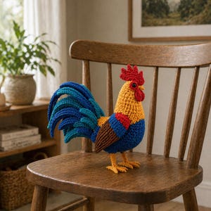 May include: A handcrafted crochet rooster figurine with a vibrant color scheme. The rooster features a red comb and wattle, a yellow body, blue and teal tail feathers, and brown and blue wings. It stands on yellow feet and is displayed on a wooden chair.