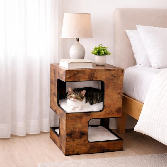 Cat Tree Nightstand – Modern Wooden Cat Condo Furniture with Bed & Scratcher