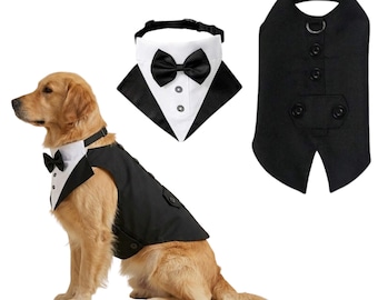 Dog Tuxedo Harness with Bow Tie, Wedding Dog Outfit, Ring Bearer Suit, Formal Pet Tuxedo, Adjustable Dog Suit for Small Large Dogs