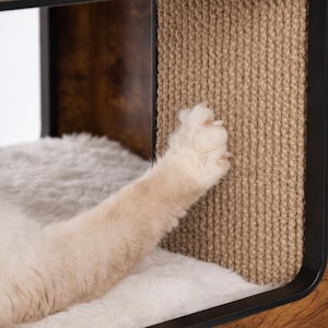 Pu&ograve; includere: Primo piano di una zampa di gatto che tocca un tiragraffi in sisal. La zampa &egrave; beige chiaro, con artigli visibili. Il tiragraffi &egrave; realizzato in corda di sisal intrecciata e fa parte di una struttura di mobili per gatti con telaio in legno.