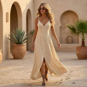 May include: A cream-coloured maxi dress with a button-down front and spaghetti straps. The dress features a V-neck and a front split. It's made from a light fabric and worn with black sandals. Ideal for warm weather, this dress is a stylish choice.
