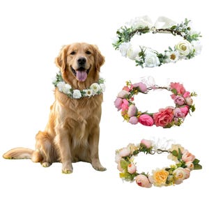 Puede incluir: Un perro Golden Retriever con una corona floral blanca y verde, con tres coronas florales adicionales en blanco, rosa y amarillo. Las coronas están hechas de flores y vegetación de tela.
