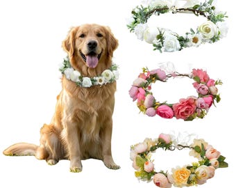 Floral Dog Collar, Pearl Beaded Leash, Wedding Pet Accessory, Faux Flower Wreath