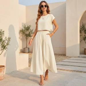 Leinen Zweiteiler Frauen, Crop Top Midi Rock Set, Sommer Co Ord Outfit, Strand Urlaub Outfit, Minimalist Matching Set