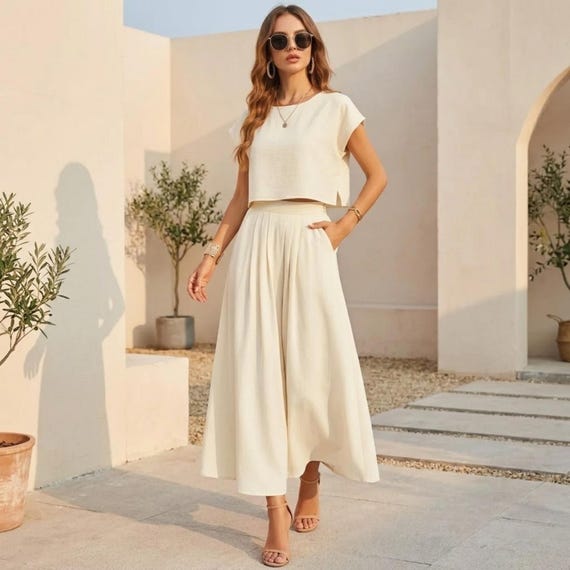 Leinen Zweiteiler Frauen, Crop Top Midi Rock Set, Sommer Co Ord Outfit, Strand Urlaub Outfit, Minimalist Matching Set