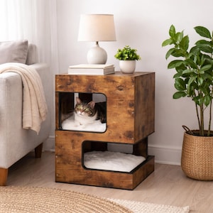 Pu&ograve; includere: Una cuccia per gatti in legno marrone con due scomparti aperti, ciascuno con un letto bianco e soffice. Un gatto tigrato riposa nello scomparto superiore. Una lampada, libri e una piccola pianta sono sopra.
