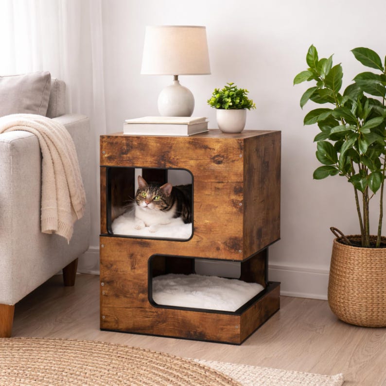 Pu&ograve; includere: Una cuccia per gatti in legno marrone con due scomparti aperti, ciascuno con un letto bianco e soffice. Un gatto tigrato riposa nello scomparto superiore. Una lampada, libri e una piccola pianta sono sopra.