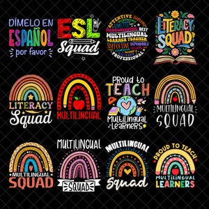Könnte beinhalten: Eine Sammlung farbenfroher Grafikdesigns mit Texten zum Thema Bildung und Lehre. Die Designs umfassen Regenbogen, Bleistifte, Äpfel und die Sätze "Literacy Squad", "Multilingual Squad" und "Proud to Teach".