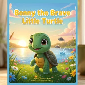 Op de afbeelding: Kinderboekcover met een cartoon schildpad in een weide. De titel luidt "Benny the Brave Little Turtle". De tekst onderaan luidt "EBOOK PDF | INSTANT DOWNLOAD".