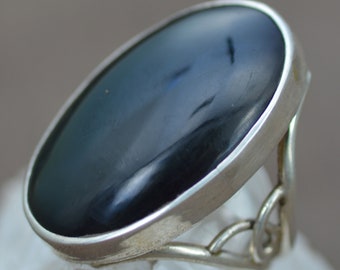 Handcrafted Rainbow Obsidian Ring, Volcanic Green Sheen, Sterling Silver Statement