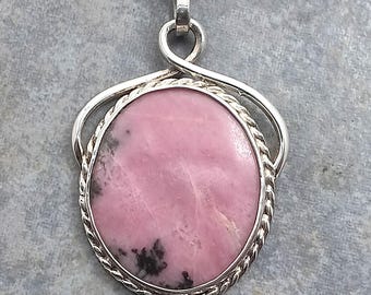 Custom Made Sterling Silver Art Nouveau Vancouver Island Hand Cut Oval Rhodonite Pendant