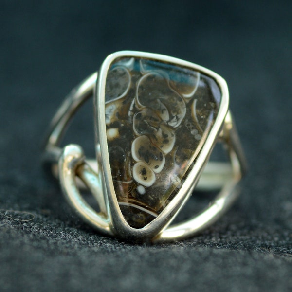 Turitella Agate Medium Triangle Gemstone Ring Sterling Silver Hand Cut Fossilized Snail Art Nouveau Ring Design