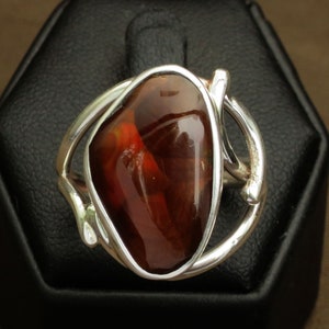 Fire Agate Gemstone Silver Ring Hand Crafted Hand Cut Hot Red Flash Sterling Silver Art Nouveau Medium Sized Wave Ring Design