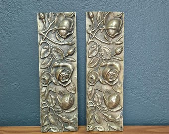Pair of Antique French Art Nouveau Finger Plates - Heavy Cast Brass/Bronze Door Push Plates - Ornate Rose & Floral Decor - Circa 1900