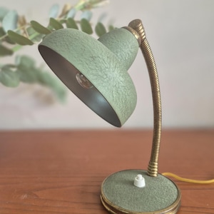 Könnte beinhalten: Eine Schreibtischlampe mit einem strukturierten, salbeigrünen Kuppelschirm und einem passenden runden Sockel. Die Lampe verfügt über einen flexiblen, messingfarbenen Schwanenhalsarm und einen kleinen weißen Druckschalter auf dem Sockel. Innen ist sie hell.