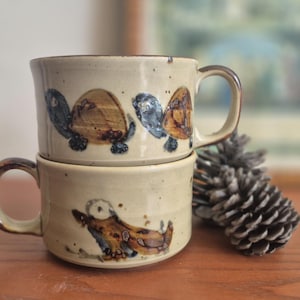 Vintage Pyrite Stoneware Mugs with Whimsical Turtle & Frog Motif - Hand-Painted Ceramic Tea Cups Set of 2 - Pyrite Spotted Pottery