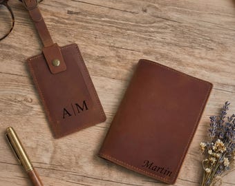 Personalized Leather Passport Cover & Luggage Tag Set, Custom Passport Holder, Travel Gift for Couple, Gifts for Him Her