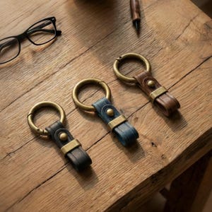 Handmade Leather Keychain with Keyring & Clip, Car Key Fob - Two-end hanger, Compact size, gift for him her