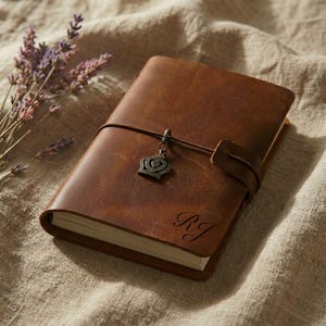 May include: A brown leather journal with a crown charm and a strap closure. The journal has the initials "RJ" engraved on the cover. A sprig of lavender rests on the side.