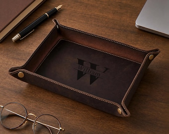 Personalized Full Grain Leather Valet Tray, Distressed Catchall Tray, Engraved Tray for Men, Corporate Gift, Executive Desk Organizer