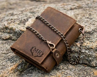 Personalized Leather Wallet with Anti-Theft Chain, Handmade Trifold Wallet for Men, Travel Wallet, Gift for Him, Husband, Dad