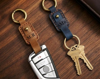 Personalized Leather Keychain with Keyring & Clip, Handmade Car Key Fob, New Car Gift for him Dad, Gift Box Ready, Anniversary gift