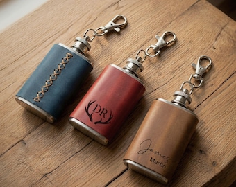 Personalized Mini Leather Flask Keychain, 2OZ Pocket Flask, Full-Grain Leather, Travel Whiskey Flask, Groomsmen Gift for Him