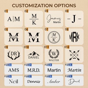 May include: Image showcasing customization options with various fonts and designs. Includes initials, names, and graphic elements like antlers, mountains, and a laurel wreath. The text "CUSTOMIZATION OPTIONS" is at the top.